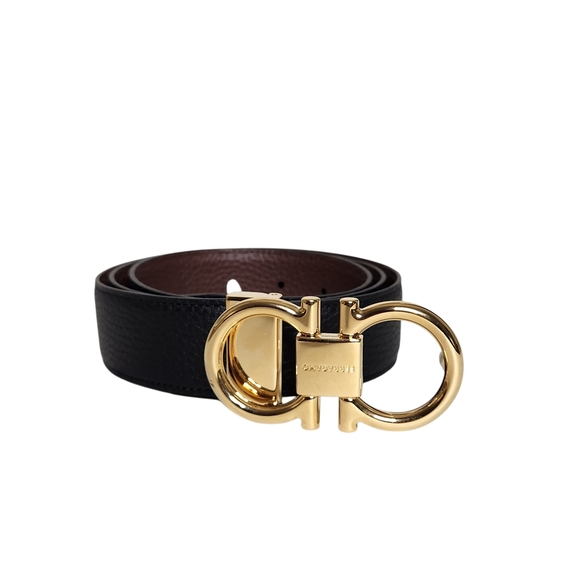 Ferragamo Double Gancini Reversible Leather Black Brown Belt w/ Gold Buckle NEW - Picture 9 of 11